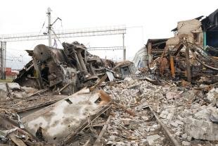 Debris of a railway depot ruined after a Russian rocket attack in Kharkiv, Ukraine, Sept. 28, 2022. (Andrii Marienko / The Associated Press)